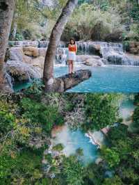 With a drone, see the panoramic view of Kuang Si Falls in Luang Prabang.