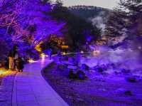 【草津・西の河原公園】幻想的な湯煙の中で夜散歩