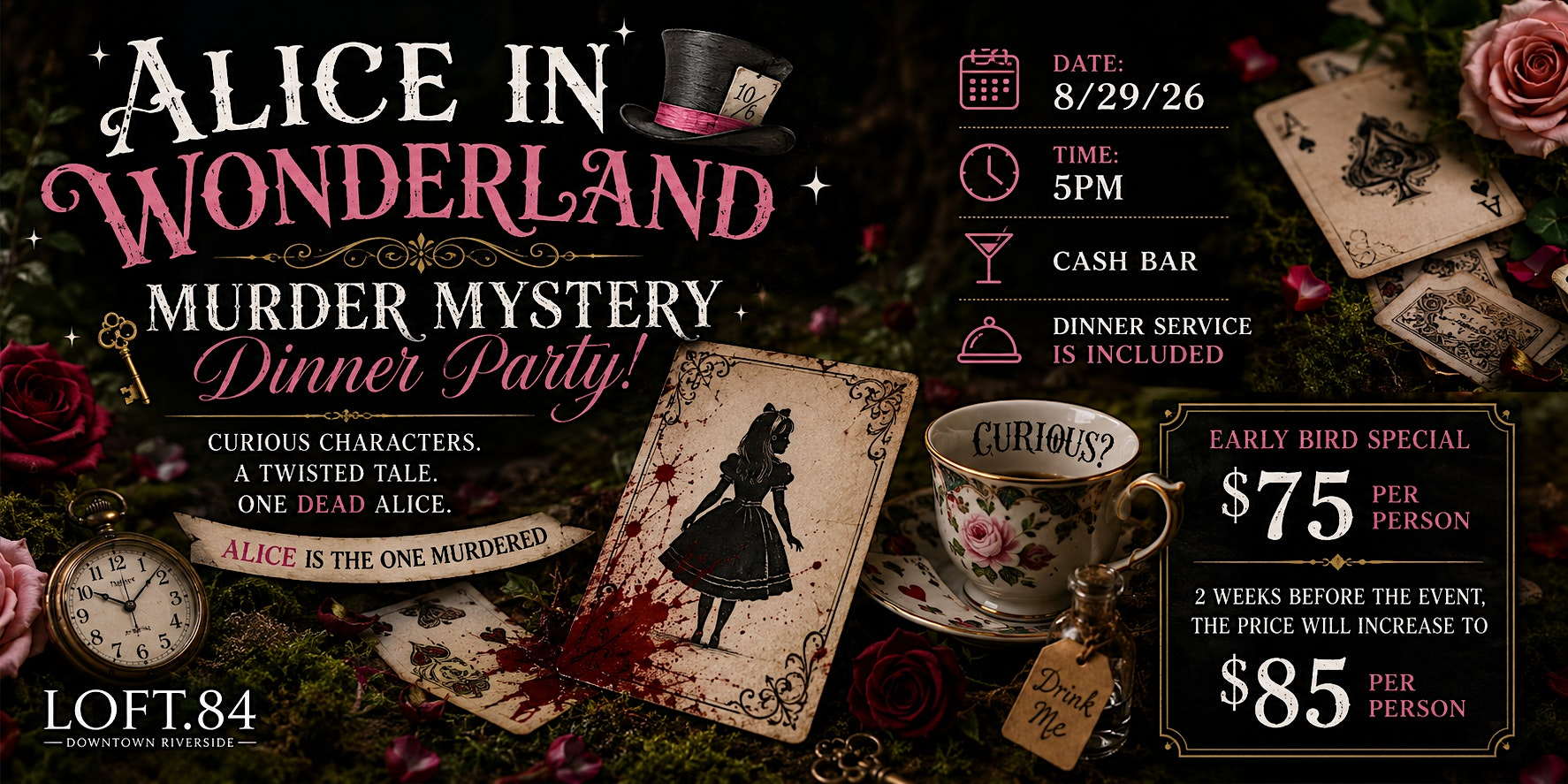 Alice in Wonderland Murder Mystery Dinner | Loft 84 Wedding and Event Venue