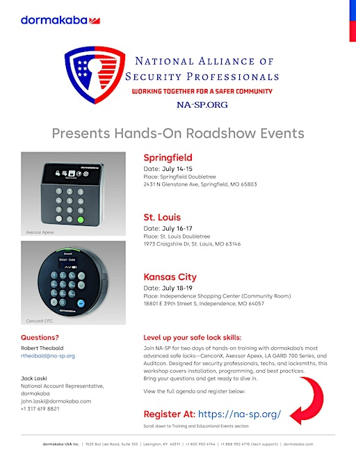 2-Day Dormakaba Safe Lock Factory Training – Springfield · STL · KC | DoubleTree by Hilton Hotel Springfield