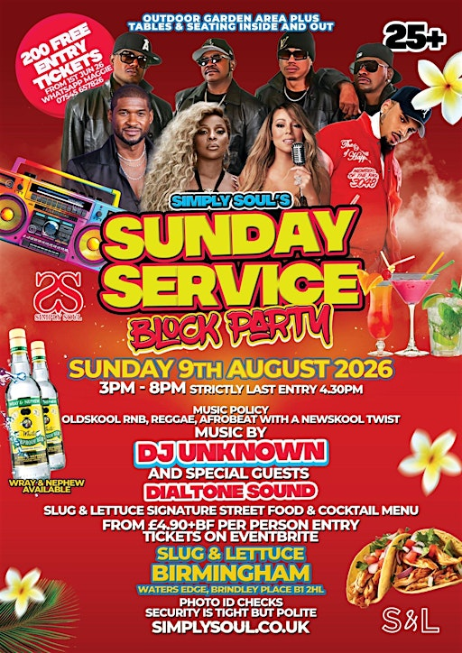 Simply Soul Sunday Block Party - 9th August 2026 - Birmingham | Slug & Lettuce - Birmingham