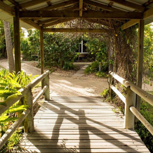 Garden walkway at resort-style accommodation near Bundaberg, Queensland