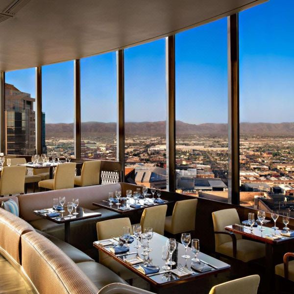 Hotel restaurant with desert and mountain views in Phoenix Arizona