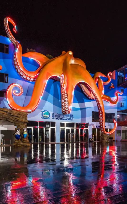 Dali Ocean World oceanarium entrance at night with its giant octopus sculpture