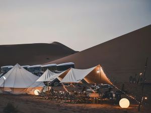 Camping base in the wild desert at Mingsha mountain in Dunhuang