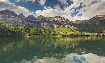 a serene mountainous landscape with a calm lake reflecting the surrounding greenery and blue sky at Grand Resort Bad Ragaz