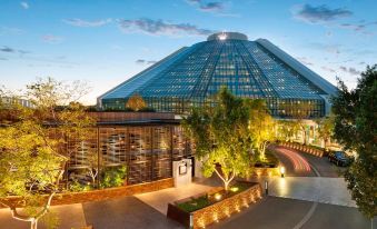 a modern glass building with a triangular roof , surrounded by trees and lit up at night at Crown Metropol Perth