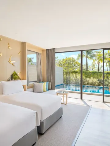 วิลล่า 2 ห้องนอน ห้องนอน 1: เตียงคิงไซส์ 1 เตียง ห้องนอน 2: เตียงแฝด 2 เตียง ริมทะเล ทางเข้าริมทะเล ระเบียง