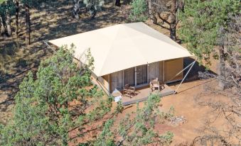 a beige tent is set up in a forested area , with a dining table and chairs inside the tent at Wilpena Pound Resort