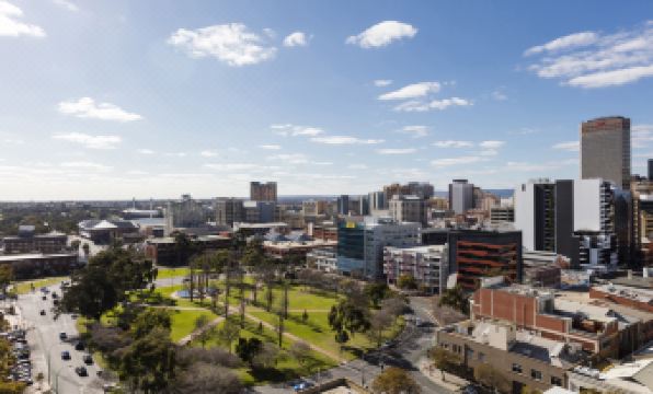 a view of a city from a high vantage point , with tall buildings in the background at IStay Precinct Adelaide
