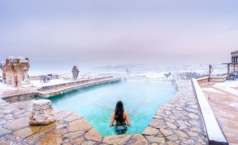 a woman is sitting in a swimming pool , surrounded by snow - covered rocks and a foggy view of the ocean at Museum Hotel