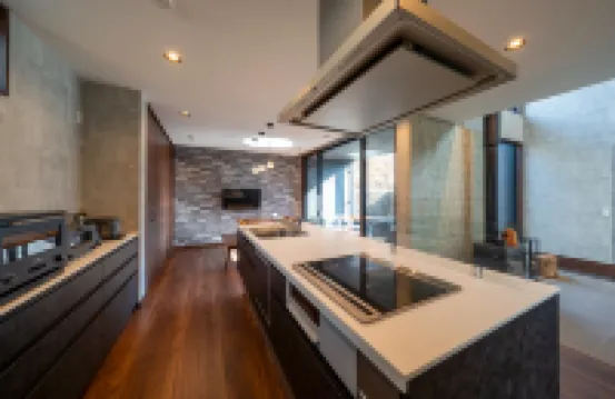 River view house with BBQ & private sauna, wood stove — designer villa with stone terrace & fire