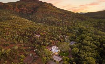 a mountainous landscape with a house nestled in the middle , surrounded by trees and bushes at Discovery Resorts - Wilpena Pound
