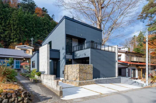 River view house with BBQ & private sauna, wood stove — designer villa with stone terrace & fire