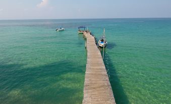 a wooden pier extending into the ocean , with boats docked along its path , creating a serene and picturesque scene at Seafar Resort