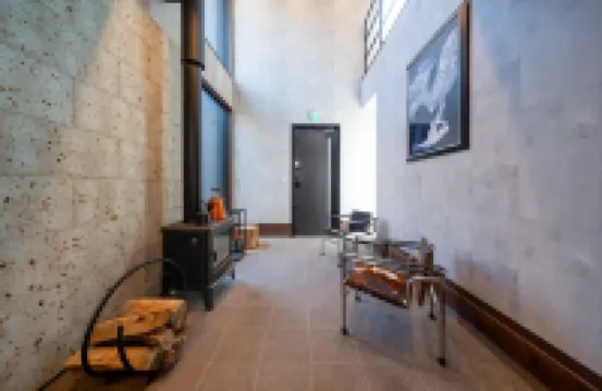 River view house with BBQ & private sauna, wood stove — designer villa with stone terrace & fire