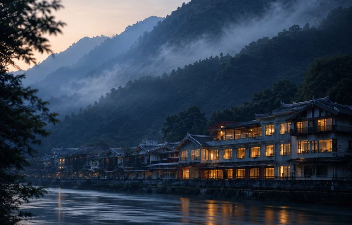 Jiuzhaigou · Mistshroud Mountains & Sunset Glow Snowscape · Sukoon Village