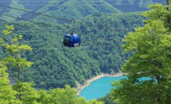 a blue cable car suspended high above a mountainous landscape , providing a scenic view of the surrounding greenery at Naeba Prince Hotel