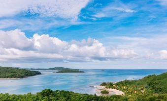 a panoramic view of a tropical landscape with clear blue water , green trees , and white sand beaches at Navutu Stars Resort