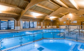 an indoor swimming pool with wooden ceiling , surrounded by windows and a blue tiled floor at Pine Lake Resort
