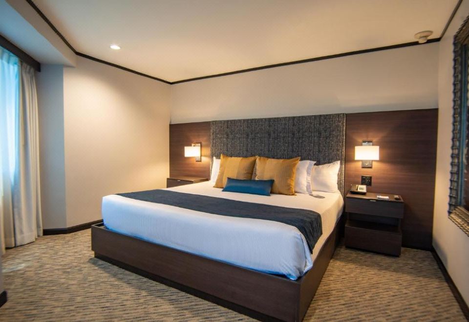 a large bed with a blue and gray comforter is in the center of a room with two lamps on either side at Grand Hotel Tijuana