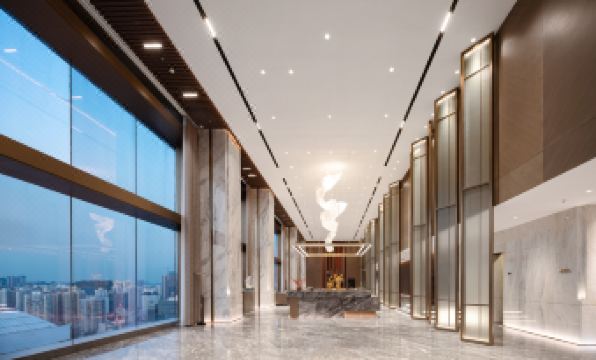 A spacious room with an atrium and floor-to-ceiling windows is located in the main lobby at Yutai Hotel Apartment (Dongmen Pedestrian Street Luohu Port Branch)