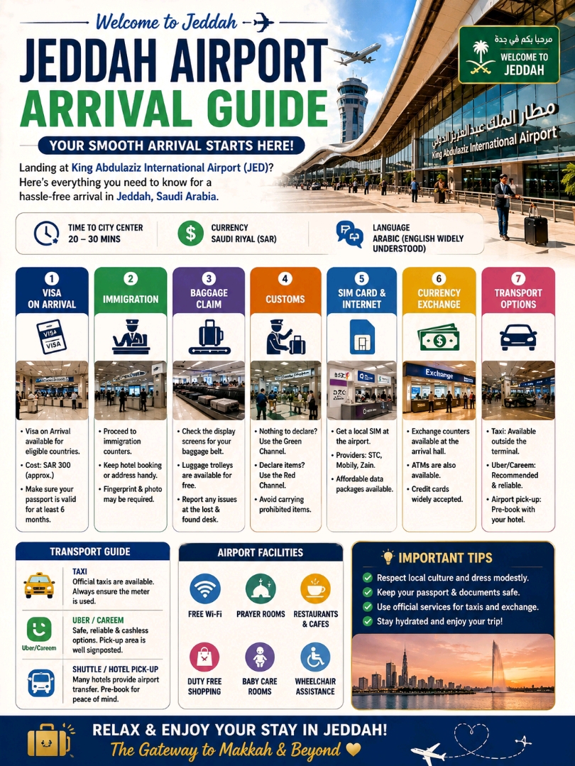 #arrivalguide 
· ✈️ Jeddah Airport Arrival Guide 🇸🇦 | First Time in  

Landing at  (JED)? Don’t worry — here’s a complete step-by-step guide for a smooth and stress-free arrival 👇

· --

🛬 1. Visa & Entry

✔ Visa on arrival / e-visa (for eligible countries)
📱 Keep your visa print or digital copy ready
🛂 Passport validity: minimum 6 months

· --

🛄 2. Immigration Process

👮 Follow signs to immigration counters
📸 Fingerprint & photo may be taken
⏳ Waiting time can vary (be patient!)

· --

🎒 3. Baggage Claim

🧳 Check screens for your belt number
🛒 Free trolleys available
💡 Report missing bags immediately

· --

🛃 4. Customs Check

🟢 Green channel: Nothing to declare
🔴 Red channel: If carrying restricted items
⚠️ Saudi rules are strict — follow regulations carefully

· --

📶 5. SIM Card & Internet

📱 Get local SIM at arrival (STC, Mobily, Zain)
💸 Affordable data plans available
💡 Activate before leaving airport

· --

💱 6. Currency Exchange

💰 Local currency: Saudi Riyal (SAR)
🏧 ATMs & exchange counters available
💡 Keep small cash for taxis

· --

🚕 7. Transport Options

🚖 Taxi: Available outside terminal (use official taxis only)
📱 Uber/Careem: Safe & recommended
🚐 Hotel pickup: Best for first-time travelers

· --

🏨 8. Travel Time to City

⏱️ 20–30 minutes to city center (depending on traffic)
📍 Popular areas: Corniche, Al Balad, Al Hamra

· --

⚠️ 9. Important Tips

✔ Dress modestly 👗
✔ Respect local culture 🕌
✔ Keep documents safe 📄
✔ Avoid unofficial agents
✔ Stay hydrated 🥤 (hot weather!)

· --

✨ First time may feel different…
✨ But everything is well organized & safe

Welcome to Jeddah — the gateway to Makkah & your Saudi adventure! 🕌✨

#Jeddah  #SaudiArabia  #AirportGuide  #TravelTips  #VisitSaudi  #TravelSmart  #JeddahAirport #travel2026 