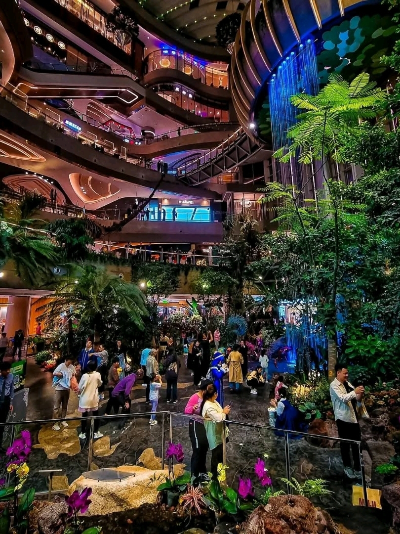#chinatravel
Pusat perbelanjaan The Ring di Chongqing memiliki taman botani dalam ruangan seluas 6.000 m² yang menjulang tinggi—sebuah "hutan di dalam mal" yang spektakuler. Bertempat di dalam ruang berdinding kaca yang membentang dari ruang bawah tanah hingga lantai enam, taman ini dipenuhi dengan hampir 300 spesies tanaman tropis, pepohonan udara yang dramatis, air terjun setinggi 24 meter, dan jalur landai "Oasis Walk" yang berkelok-kelok. Desain biofiliknya menghadirkan nuansa alam di dalam ruangan dengan jalur pejalan kaki, pengaturan kelembapan, dan proyeksi cahaya yang imersif.