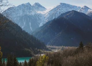 Lake Issyk, a crystal-clear blue lake nestled in the mountains of Kazakhstan.