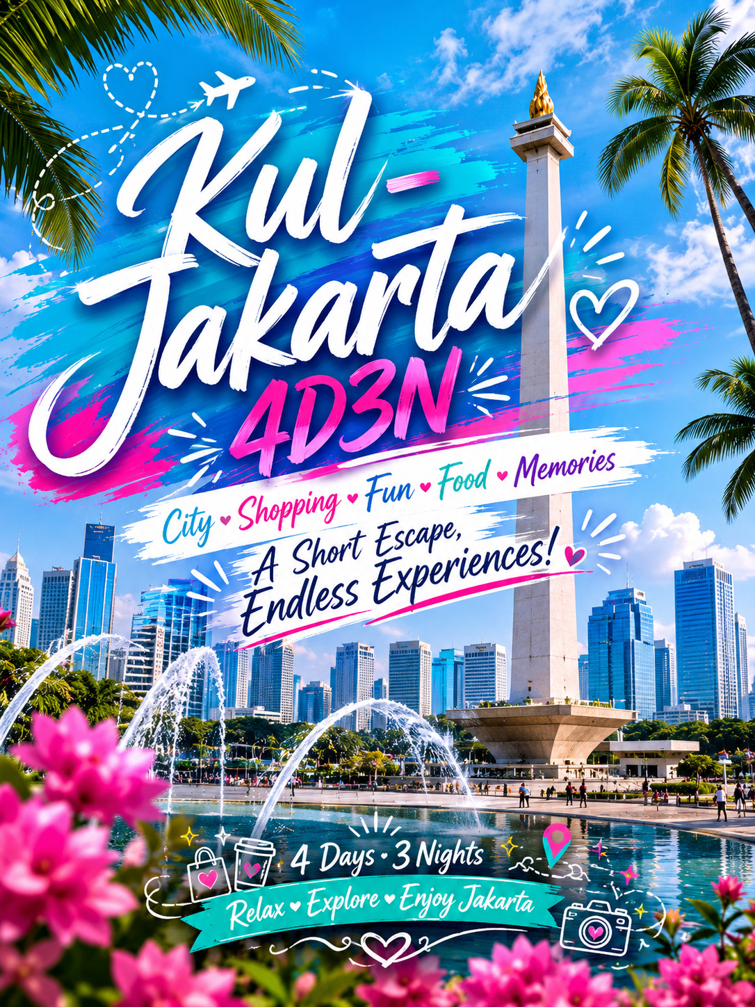 Mau kabur sejenak tanpa harus habisin jatah cuti? Jakarta bisa jadi destinasi city break favorit kamu berikutnya! 🇮🇩

Cuma 4 Hari 3 Malam, kamu bisa:
🛍️ Belanja puas sampai dompet ‘menjerit’
🐠 Eksplor Jakarta Aquarium & Safari yang keren banget
🎮 Seru-seruan main di Funworld
🏮 Jalan-jalan santai di kawasan PIK yang hits
☕ Ngopi-ngopi cantik di Menteng
🗼 Keliling Jakarta malam hari naik bus tingkat (open-top bus) yang ikonik
🏺 Berburu barang unik di Pasar Antik Jalan Surabaya yang legendaris

Dan pastinya…
✨ Grand Indonesia
✨ Plaza Indonesia
✨ Blok M
✨ Kuliner enak
✨ Kopi juara
✨ Vibes kota yang gak ada matinya

Yang paling asik? Gak perlu ngejar pesawat subuh, gak usah buru-buru pindah tempat, dan gak ada drama "bangun jam 6 pagi" yang bikin capek. Itinerary ini dibuat khusus buat kamu yang mau santai, eksplor, makan, belanja, dan bener-bener menikmati liburan.

Karena liburan yang sempurna itu bukan soal seberapa banyak tempat yang didatangi...

Tapi soal nemuin hidden gems, dapet oleh-oleh unik, dan pulang bawa cerita seru buat dibagiin. ❤️

📍 KUL – Jakarta
🗓️ 4 Hari 3 Malam
✈️ Jam terbang yang nyaman
🏨 Nginep di daerah Menteng
💰 Liburan kota yang worth it banget

Makan. Eksplor. Belanja. Ulangi.