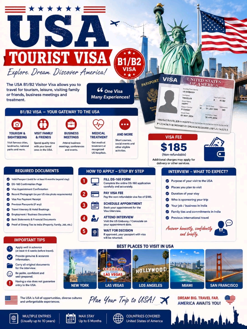 🇺🇸 USA Tourist Visa for Indians – Complete Guide ✈️

Planning to visit New York, Los Angeles, Las Vegas, Miami or other destinations in the United States? Indian travellers generally need a U.S. visitor visa for tourism.

For tourism, sightseeing, visiting friends or relatives, or certain medical purposes, the usual category is the B-2 visitor visa, often issued together with B-1 as a B-1/B-2 visa.

🛂 USA B1/B2 Visa

The B-1/B-2 visa is a temporary nonimmigrant visa.

B-1: Business activities
B-2: Tourism, holidays, visiting family/friends and eligible medical treatment
B1/B2: Combined business and tourism visitor visa

💰 Visa Fee

The current application processing fee for a B-category visitor visa is US$185, and it is non-refundable. Depending on nationality and circumstances, an additional visa issuance/reciprocity fee may apply.

📋 Main Documents

For a B1/B2 application, prepare:

✅ Valid passport
✅ DS-160 confirmation page
✅ Visa appointment confirmation
✅ Recent visa photograph meeting U.S. requirements
✅ Visa fee payment receipt
✅ Previous passports, if available
✅ Travel itinerary
✅ Hotel/accommodation information
✅ Employment/business documents
✅ Bank and financial documents
✅ Evidence of ties to India

The U.S. visa process requires applicants to complete the DS-160 and attend the required appointment/interview process; supporting documents can help demonstrate the purpose of the trip, financial ability and intention to return.

📝 How to Apply

1️⃣ Complete DS-160

Fill out the DS-160 Online Nonimmigrant Visa Application accurately.

2️⃣ Pay the Visa Fee

Pay the applicable US$185 visitor-visa application fee.

3️⃣ Schedule Your Appointment

Use the official U.S. visa appointment system and schedule the required appointment.

4️⃣ Attend the Interview

Take your passport, DS-160 confirmation, appointment confirmation and relevant supporting documents.

5️⃣ Wait for the Decision

If approved, your passport will be returned according to the applicable passport-delivery/collection process.

🎤 What Happens in the Interview?

The consular officer may ask simple questions such as:

Why do you want to visit the USA?
Which cities will you visit?
How long will you stay?
Who is paying for your trip?
What do you do in India?
Have you travelled internationally before?
Do you have family or relatives in the USA?

Answer truthfully, confidently and briefly. Your answers should match the information provided in your application.

💡 What Is Most Important for Approval?

A strong application should clearly demonstrate:

🇺🇸 Genuine temporary travel purpose
💰 Ability to finance the trip
🏠 Strong ties outside the United States
💼 Employment/business or other relevant commitments
📅 A realistic travel plan
🔄 A credible intention to return after the visit

Under U.S. immigration law, B1/B2 applicants are presumed to be intending immigrants and must overcome that presumption by demonstrating the temporary nature of the trip and sufficient ties outside the U.S.

🗽 Best Places to Visit in the USA

📍 New York City – Times Square, Statue of Liberty & Central Park
📍 Las Vegas – Entertainment & Grand Canyon trips
📍 Los Angeles – Hollywood & California beaches
📍 San Francisco – Golden Gate Bridge
📍 Miami – Beaches & nightlife
📍 Orlando – Theme parks
📍 Washington, D.C. – Museums & national landmarks

⚠️ Important

A U.S. visa does not guarantee entry into the United States. The visa allows you to travel to a U.S. port of entry and request admission; the final admission decision is made by U.S. immigration authorities.

Also, don't submit fake documents or provide false information. Accuracy and consistency are extremely important throughout the application.

🇮🇳✈️ Dream USA Trip?

Prepare properly → complete DS-160 → pay the fee → attend the appointment → answer honestly → travel if approved.

Save this guide before starting your USA B1/B2 visa application! 🇺🇸❤️

#USVisa  #USATouristVisa  #B1B2Visa  #USAvisaForIndians  #USVisaIndia  #TravelUSA  #NewYork  #LasVegas  #LosAngeles  #VisaGuide  #IndianTravellers #travel2026 