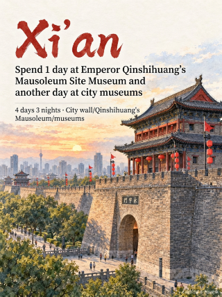 4 hari 3 malam di Xi'an, mengunjungi Prajurit Terakota dan peninggalan budaya lainnya di kota tersebut pada hari-hari yang berbeda.