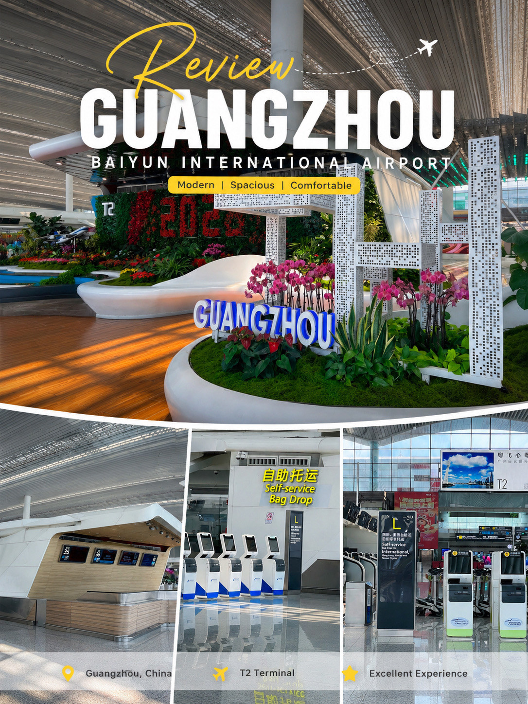 ✈️ If you ask me to name one of the most impressive airports in China, I'd definitely choose Guangzhou Baiyun International Airport (T2). 🇨🇳

😍 From the moment you step inside, the first thing you'll notice is how bright, open, and easy on the eyes it is. The high ceilings let in plenty of natural light, keeping the space from feeling claustrophobic. Despite its massive size, the layout is highly organized, easy to navigate, and spotless in every corner. ✨

🧳 Another feature I love is the Self-service Bag Drop and automated kiosks 🤖 scattered throughout. They make the check-in process a breeze and cut down waiting times significantly. ⏱️

🌿 The airport interior also features beautifully decorated spots that are way nicer than you'd expect, especially the green gardens and the iconic "GUANGZHOU" landmark. 📸 It’s become a huge hit for photo ops, perfect for both transit passengers and new arrivals. 💚

🏙️ What truly blew me away is how seamlessly the design blends modern architecture with lush greenery. Everything is so clean and orderly, offering a much more relaxing vibe than your average airport. 🌱🤍

💙 If you ever find yourself flying through Guangzhou, I highly recommend setting aside some time to explore the terminal. It’s not just a place to catch a flight, but a great spot to stroll around, snap some photos, and kick off your trip on a high note! 📷✈️

 ✈️🇨🇳🌿