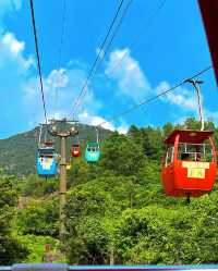 搭纜車登上財神山，玻璃橋懸掛於50米高空，腳下溫泉小鎮如翡翠散落