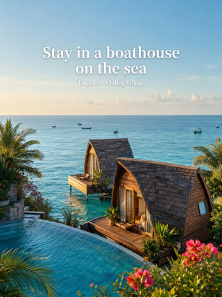 Lingshui Boat House Homestay: Relaxing 180-degree ocean view room