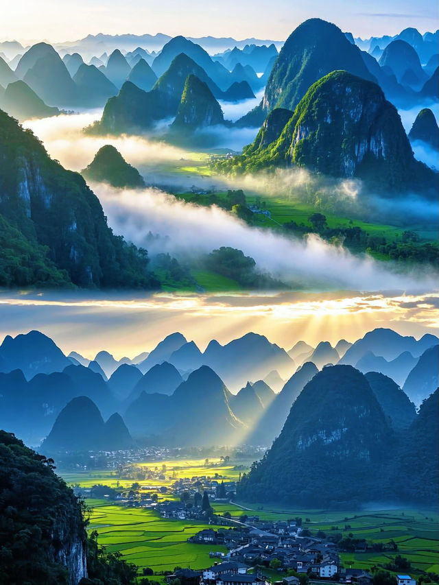 廣西桂林暮色山水間的詩意畫卷