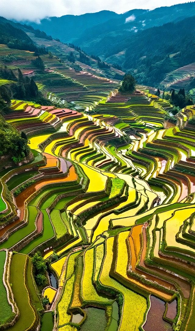 層層疊疊的田壟如天梯般蜿蜒山間，吊腳木樓隱現於雲霧中如仙境