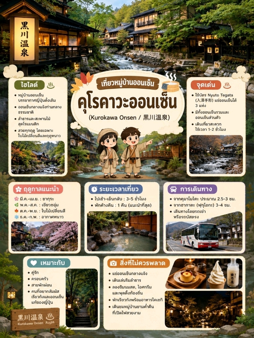 Kurokawa Onsen (黒川温泉)

Kurokawa Onsen là một làng suối nước nóng nổi tiếng ở tỉnh Kumamoto. Nằm giữa núi rừng, nơi đây mang đến bầu không khí yên bình theo phong cách truyền thống Nhật Bản, được công nhận là một trong những suối nước nóng đẹp nhất trên đảo Kyushu. Đây là địa điểm lý tưởng cho những ai tìm kiếm sự thư giãn và trải nghiệm ryokan (nhà trọ truyền thống Nhật Bản) đích thực.

Điểm nổi bật:

· ♨️ Suối nước nóng ngoài trời (Rotenburo) bao quanh bởi thiên nhiên
· 🏡 Một con phố nhỏ với những ryokan truyền thống Nhật Bản
· 🌉 Suối và cầu gỗ, bầu không khí lãng mạn
· 🍡 Quán cà phê, tiệm bánh ngọt và cửa hàng lưu niệm địa phương
· 🌸 Đẹp quanh năm, đặc biệt là mùa thu lá vàng và mùa đông

Điểm nổi bật

· Bạn có thể mua Nyuto Tegata (入湯手形) hay "Thẻ Onsen" để vào suối nước nóng tại 3 ryokan tham gia trong một khoảng thời gian nhất định. * Dễ dàng khám phá ngôi làng bằng cách đi bộ, chỉ mất 1-2 giờ.

· Có cả suối nước nóng công cộng và riêng tư.

Mùa thích hợp

· 🌸 Tháng 3–Tháng 4: Hoa anh đào nở rộ
· 🌿 Tháng 5–Tháng 8: Cây cối xanh tươi, mát mẻ
· 🍁 Tháng 10–Tháng 11: Lá vàng mùa thu
· ❄️ Tháng 12–Tháng 2: Tận hưởng suối nước nóng trong tiết trời se lạnh

Thời gian di chuyển
· Tham quan trong ngày: 3–5 giờ
· Nghỉ qua đêm: 1 đêm (rất được khuyến khích)

Phương tiện di chuyển
· Từ thành phố Kumamoto: Mất khoảng 2,5–3 giờ.

· Từ ga Hakata (Fukuoka): Mất khoảng 3–4 giờ.

· Bạn có thể thuê xe hoặc đi xe buýt trực tiếp đến Kurokawa Onsen.

Những điều không nên bỏ lỡ:

· Tận hưởng bồn tắm suối nước nóng ngoài trời.

· Tản bộ dọc theo dòng suối.

· Thưởng thức sữa tươi, kem và bánh pudding địa phương.
· Nghỉ tại ryokan và thưởng thức bữa ăn kaiseki.

· Khám phá ngôi làng lung linh về đêm.

#ChuyếnĐiSuốiNướcMộc #DuLịchNhậtBản