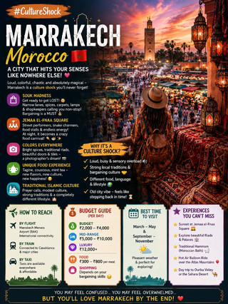 #cultureshock 
  🇲🇦

Welcome to a city where colors, chaos & culture hit you all at once 💥

The moment you step into Marrakech, it feels like entering a different world 🌍 — full of energy, noise, scents, and surprises at every corner.

🛍️ Souk Madness (Local Markets)
Get ready to get LOST 😵💫
Narrow streets packed with carpets, lamps, spices, leather bags — and shopkeepers calling you from every side! Bargaining is a MUST 💰

🔥 Jemaa el-Fnaa Square (Heart of the City)
Street performers 🎭, snake charmers 🐍, food stalls 🍢 — all happening together!
At night, it turns into a crazy food carnival 🍲✨

🌈 Color Explosion Everywhere
From bright spices 🌶️ to traditional riads 🏡 — every corner is aesthetic & vibrant

🍛 Unique Food Experience
Tagine 🍲, couscous 🍛, mint tea 🍵 — totally different flavors from Indian food!

🕌 Traditional Islamic Culture
Modest dressing 👗, prayer calls 🕌, and strong traditions — very different lifestyle & daily routine

💥 Why It’s a Culture Shock?
✔ Loud, busy, sensory overload 🔊
✔ Strong local traditions & bargaining culture 🤝
✔ Different food, language & lifestyle 🌍
✔ Old city vibe — feels like stepping back in time ⏳

· --

✈️ How to Reach Marrakech

🛫 Flight: Marrakech Menara Airport (international connectivity)
🚆 Train: Connected to Casablanca & major cities
🚕 Taxi: Easy local transport

· --

💰 Budget Guide (Per Day)

💸 Budget: ₹2,000 – ₹4,000
🏨 Mid-range: ₹5,000 – ₹10,000
✨ Luxury: ₹12,000+

🍽️ Food: ₹300 – ₹800 per meal
🛍️ Shopping: Depends on bargaining skills 😉

· --

⭐ Best Time to Visit

🌤️ March – May & September – November (pleasant weather)

· --

✨ You may feel confused…
✨ You may feel overwhelmed…
✨ But you’ll LOVE the vibe by the end ❤️

Marrakech is not just a place… it’s a full sensory experience!

#Marrakech  #MoroccoTravel    #TravelVibes  #ExploreWorld  #TravelReels  #BucketList #travel 