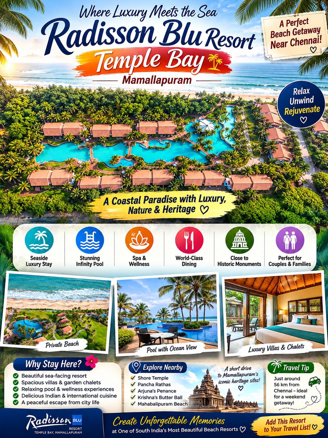 #photovsrealitytravel 
Radisson Blu Resort Temple Bay, Mamallapuram — A Luxury Escape by the Sea

Looking for a relaxing beach getaway near Chennai? Radisson Blu Resort, Temple Bay Mamallapuram offers a beautiful combination of coastal luxury, swimming pools, wellness and easy access to the historic attractions of Mahabalipuram.

Set along the Bay of Bengal, the resort is located close to the famous Shore Temple and other historic monuments of Mamallapuram.

🌊 Stay by the Bay

The resort offers a range of accommodation including garden chalets, poolside chalets, seaside chalets, suites and villas with private pools. Many rooms feature private patios or balconies with coastal views.

🏊 Relax by the Pool

One of the major highlights is its expansive outdoor pool area. The resort also offers an infinity pool, creating a beautiful setting for relaxing by the coast.

🍽️ Dining by the Coast

Guests can enjoy a range of dining experiences featuring Indian coastal flavours and international cuisine, with restaurants and bars designed around the seaside setting.

🧘 Spa & Wellness

For a relaxing holiday, the resort offers spa and wellness facilities, a fitness centre, yoga and other activities designed around a peaceful coastal experience.

🏛️ Explore Mahabalipuram

The location makes it convenient to explore attractions such as:

· Shore Temple
· Pancha Rathas
· Arjuna’s Penance
· Krishna’s Butter Ball
· Varaha Cave
· Mahabalipuram Beach

Several of these attractions are within a short distance of the resort.

🚗 Easy Weekend Escape from Chennai

The resort is approximately 56 km from Chennai International Airport, with the scenic East Coast Road providing access to Mamallapuram.

Why Stay Here?

Beach + Luxury + Heritage + Pool + Relaxation

If you want a weekend escape where you can enjoy the sea while still being close to one of Tamil Nadu’s most famous heritage destinations, Temple Bay is worth considering.

Save this resort for your next Chennai–Mahabalipuram getaway.

#RadissonBlu  #TempleBay  #Mamallapuram  #Mahabalipuram  #Chennai  #TamilNadu  #BeachResort  #LuxuryTravel  #ResortLife  #WeekendGetaway  #ChennaiTravel  #MahabalipuramTravel  #TravelIndia  
