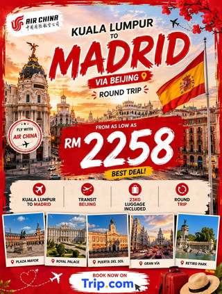 🇪🇸 MADRID, SPAIN — ROUND TRIP FROM RM2,258 ✈️

Kuala Lumpur → Beijing → Madrid → Beijing → Kuala Lumpur

✨ FROM RM2,258 ROUND TRIP ✨
✈️ Fly with Air China
🇨🇳 Transit in Beijing
🧳 23kg luggage included
🔄 Round trip

Dreaming of exploring Europe? ✨ Make your way from Kuala Lumpur to Madrid with Air China, with a convenient transit in Beijing, and enjoy an unforgettable journey combining the excitement of China and the beauty of Spain.

With fares starting from just RM2,258 round trip, this is a great opportunity to discover one of Europe’s most vibrant capital cities while enjoying the added experience of transiting through Beijing.

🇪🇸 DISCOVER THE BEAUTY OF MADRID

Madrid is a city filled with grand architecture, beautiful plazas, fascinating history, lively streets, delicious food and unforgettable Spanish culture.

From elegant royal palaces to colourful city squares, beautiful parks and famous shopping streets, Madrid offers something for every type of traveller.

📍 Royal Palace of Madrid
Explore one of Europe’s most impressive royal residences and admire its grand architecture and historic interiors.

☀️ Puerta del Sol
Visit one of Madrid’s most famous meeting points, surrounded by shops, restaurants and the energetic atmosphere of the city.

🎨 Prado Museum
Discover one of the world’s most renowned art museums, home to masterpieces from famous European artists.

🌳 El Retiro Park
Escape the busy city and enjoy a relaxing walk through one of Madrid’s most beautiful green spaces.

🛍️ Gran Vía
Explore Madrid’s famous boulevard, packed with shops, restaurants, theatres and spectacular architecture.

📸 Plaza Mayor
Admire the historic square, enjoy local food and drinks, and experience the lively atmosphere of central Madrid.

🍴 TASTE MADRID

Madrid is also a fantastic destination for food lovers. Make sure to try some of Spain’s most popular dishes during your trip.

🥘 Paella
🥔 Patatas Bravas
🥩 Jamón Ibérico
🍳 Tortilla Española
🍫 Churros con Chocolate
🥟 Croquetas

Pair your food adventure with Spanish coffee, local desserts and the lively café culture found throughout Madrid.

🇨🇳 MAKE YOUR BEIJING TRANSIT COUNT

Your journey to Madrid includes a transit in Beijing, giving you the possibility to turn your stopover into another travel experience when your transit duration and entry requirements allow.

Beijing is one of the world’s most fascinating cities, combining thousands of years of history with modern city life.

🏯 Forbidden City
Explore the magnificent former imperial palace complex and discover centuries of Chinese history.

🧱 Great Wall of China
If your transit time allows, experience one of the world's most iconic landmarks and enjoy spectacular mountain scenery.

🌿 Temple of Heaven
Visit this historic imperial complex and admire its distinctive traditional Chinese architecture.

🏞️ Summer Palace
Enjoy beautiful gardens, lakes and traditional pavilions in one of Beijing’s most scenic attractions.

🛍️ Wangfujing Street
Perfect for shopping, local snacks and experiencing the lively atmosphere of central Beijing.

🏟️ Olympic Park
See famous landmarks such as the Bird’s Nest and Water Cube from the 2008 Beijing Olympics.

Please check your transit duration, visa/entry requirements and airline conditions before planning to leave the airport during your Beijing transit.

🧳 TRAVEL WITH EXTRA PEACE OF MIND

One of the highlights of this fare is the 23kg luggage allowance, giving you plenty of space for clothes, souvenirs, shopping and everything you need for your European adventure.

✈️ Air China
🧳 23kg luggage included
🔄 Round trip
🇨🇳 Transit in Beijing
🇪🇸 Destination: Madrid

❤️ PERFECT FOR

📸 Photography lovers
🏛️ History & architecture enthusiasts
🍴 Food lovers
🛍️ Shopping enthusiasts
🌍 First-time Europe travellers
✈️ Long-haul adventure seekers
🇨🇳 Travellers who want to experience Beijing along the way

From the historic streets of Beijing to the grand boulevards of Madrid, this journey gives you the chance to experience two incredible destinations in one unforgettable trip.

✈️ YOUR ROUTE

🇲🇾 Kuala Lumpur
↓
🇨🇳 Beijing — Transit
↓
🇪🇸 Madrid
↓
🇨🇳 Beijing — Transit
↓
🇲🇾 Kuala Lumpur

💰 FROM RM2,258 ROUND TRIP
✈️ Air China
🧳 23kg luggage included
🇨🇳 Transit in Beijing
🇪🇸 Explore Madrid, Spain
🍴 Taste authentic Spanish favourites
📸 Discover iconic landmarks

🔥 HURRY UP — START PLANNING YOUR MADRID ADVENTURE!

📲 Book your Kuala Lumpur–Madrid journey on Trip.com and experience the best of Spain with an exciting stopover in Beijing along the way. 🇪🇸✈️🇨🇳

Fare starts from RM2,258 and is subject to availability. Baggage allowance is based on the applicable fare. Transit and entry requirements may vary depending on passport, transit duration and current regulations. Please check the final booking details and applicable travel requirements on Trip.com before purchase. Terms and conditions apply.
#cheapflightdeals #travel2026 #spain #madrid #staycation #thingstodo #familytravel #beijing #airchina 