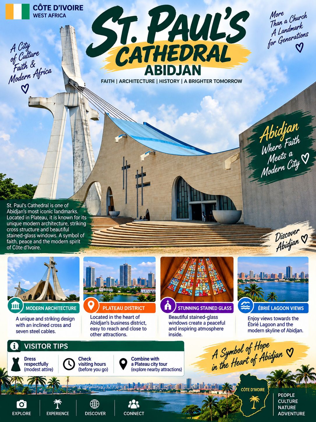 ⛪ St. Paul’s Cathedral, Abidjan 🇨🇮

Located in Plateau, the business district of Abidjan, St. Paul’s Cathedral is one of Côte d’Ivoire’s most recognizable landmarks. Its futuristic design rises above the Ébrié Lagoon and creates a striking contrast with the surrounding skyscrapers. 

🏛️ Why Is It Famous?

The cathedral was designed by Italian architect Aldo Spirito and was completed and consecrated in 1985. The project was initiated during the presidency of Félix Houphouët-Boigny, with Pope John Paul II involved in both the laying of the foundation stone and the consecration. 

Its most distinctive feature is the enormous inclined cross structure, supported by seven steel cables. The triangular building and dramatic roof give the cathedral an appearance unlike traditional churches. 

🎨 What to See

✨ Huge stained-glass windows
⛪ Futuristic triangular architecture
✝️ Monumental inclined cross
🌊 Views toward the Ébrié Lagoon
🏙️ Abidjan skyline around Plateau

The interior is particularly impressive when natural light passes through the colourful stained glass. 

📍 Location & Visit

St. Paul's Cathedral is in Plateau, Abidjan. It is an active place of worship, so visitors should dress respectfully and avoid disrupting religious services. Current listed hours vary by day, so checking before visiting is advisable.

📸 Travel Tip

Combine the cathedral with a Plateau city tour, then explore the nearby lagoon and Abidjan's modern skyline.

St. Paul’s Cathedral — where faith, futuristic architecture and the energy of Abidjan come together. 🇨🇮

#StPaulsCathedral  #Abidjan  #IvoryCoast  #CoteDIvoire  #AfricaTravel  #AbidjanTravel  #WestAfrica  #TravelAfrica  #Architecture  #PlateauAbidjan  #AfricanTourism #travel2026 