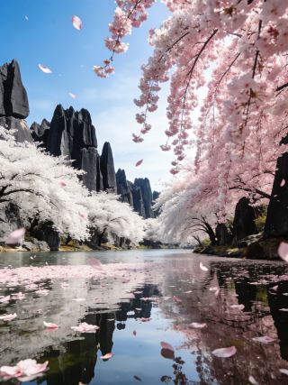 石林の桜シーズン開花｜2.7億年の石峰がピンクの花海に出会い、硬さと柔らかさの衝突が写真以上の美しさに