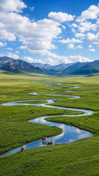 The winding streams of the Jiǔqū Creek on Langdu Grassland turn the northwest summer into a Swiss-like scene.