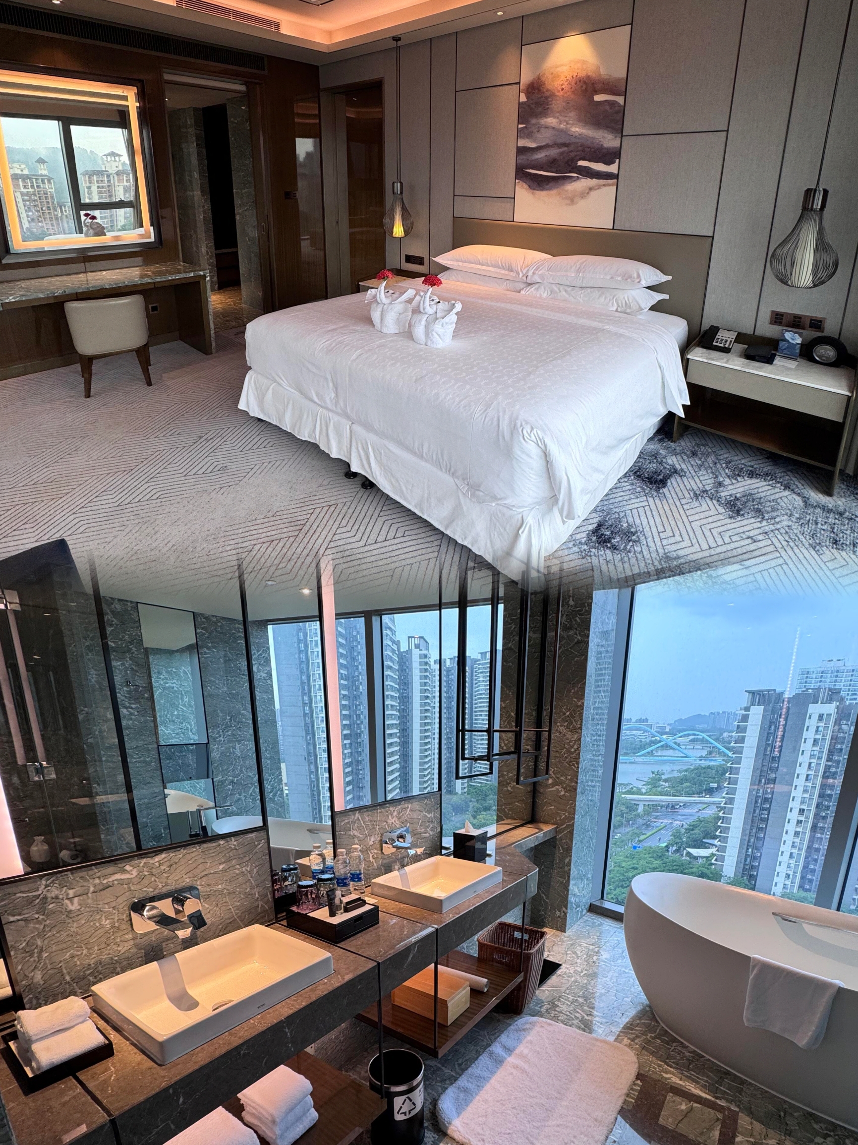 Pengalaman Hotel Sheraton Nansha

🧹 Kedap Suara/Higienis:

- Kolam renang jernih dan bersih saat kami menginap di pertengahan Agustus dan awal September;
- Terdapat 2 kamar mandi di kolam renang, dengan pasokan air panas dan dingin normal, dan 2 kamar kecil. Fasilitasnya agak tua tetapi sanitasinya baik; pusat kebugaran dan area umum lainnya higienis.
- Kamar-kamarnya higienis dan tidak ada masalah kebersihan yang disebutkan.

🏘️ Tipe/Tata Letak Kamar:

- Suite satu kamar tidur yang besar (suite sudut) luas dan terbagi dengan baik, termasuk ruang tamu, kamar mandi tamu, kamar mandi utama, dan lemari pakaian;
- Area umum hotel dirancang dengan indah, dengan dekorasi marmer di banyak tempat, dan lobi memiliki ketinggian yang cukup untuk efek visual yang luar biasa.

🛌Perlengkapan/Fasilitas:

- Kolam renang berbentuk tidak beraturan dengan satu ujung besar dan satu ujung kecil, dengan panjang 25 meter dan kedalaman 1,2 meter, tidak terbagi menjadi jalur renang khusus; dilengkapi dengan 2 kamar mandi, 2 toilet kecil, menyediakan sandal, pengering rambut, dan perlengkapan lainnya.
- Pusat kebugaran gratis, lengkap, dan treadmill menghadap kolam renang untuk pengalaman visual yang luar biasa.
- Bak mandi yang lebih besar di suite memungkinkan Anda menonton acara melalui TV kecil sambil berendam, dengan fasilitas yang lebih nyaman.
- Suasana lounge eksekutif yang baik, layanan pendukungnya sempurna.

💰Rata-Rata Konsumsi per Orang:

- Biaya kartu bulanan kolam renang adalah $580 (tersedia pada pertengahan Agustus, $480 pada bulan Juli).
- Konsumsi khusus kamar dapat merujuk pada kuotasi real-time hotel, nilai keseluruhannya baik.

💗Tips lainnya:

1. Kolam renang cocok untuk berenang dan berendam rekreasi, tetapi kurang cocok untuk berenang; pada hari libur musim panas, pukul 15.00 hingga 17.00, jumlah pengunjung relatif sedikit, tetapi jika terdapat 5 anak di kolam renang, hal ini dapat memengaruhi durasi berenang. Disarankan untuk memilih jalur renang standar, misalnya kolam renang standar 50 meter atau jalur renang khusus.
2. Pemegang kartu bulanan dapat parkir gratis selama 3 jam, tanpa batasan jumlah masuk dan keluar dalam 1 hari.
3. Handuk mandi dan sebotol air mineral akan disediakan di resepsionis selama berenang. Disarankan untuk membawa handuk mandi dan sandal sendiri.
4. Suvenir sambutan hotel cukup baik, layanan lounge eksekutif ramah, dan rasa koktailnya enak; sarapannya bercita rasa Kanton, yaitu 腸粉 dan bubur rebus mentah, ruang makan yang luas, dan pada dasarnya tidak perlu antre, tetapi variasi pilihan di hotel sekelasnya relatif lebih sedikit. 5. Lokasi hotel. Dalam seri Guangzhou Marriott, keberadaannya tidak terlalu tinggi, di area Nansha, lebih cocok untuk tamu yang berspesialisasi dalam hotel check-in atau perjalanan bisnis.
6. Pemilik hotel adalah Yuexiu Group, yang memiliki hotel-hotel berkualitas seperti Guangzhou Four Seasons dan Baiyun Marriott, kualitasnya terjamin, merupakan performa terbaik dari tiga Sheraton di Guangzhou, layak untuk pengalaman menginap yang istimewa.
