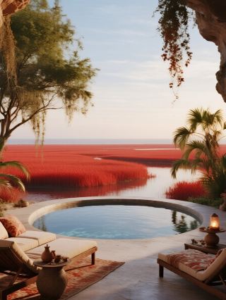 겨울의 붉은 불꽃 광경! 반진 홍해변이 붉은 옷을 벗고, 얼음 평원 은하로 변하다