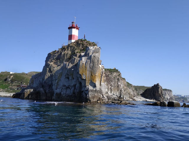 Lighthouse and seagulls on Patroclus beach.