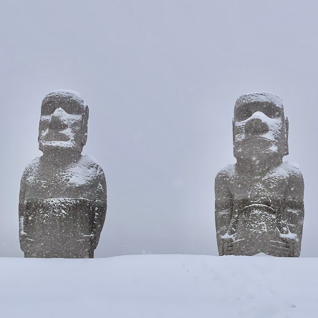 激レア！雪の中のモアイ像