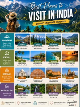 India is not just a country, it’s a complete travel experience filled with endless diversity, culture, and beauty 🇮🇳✨ From the peaceful mountains of Himachal and Ladakh 🏔️ to the crystal-clear beaches of Goa, Andaman, and Lakshadweep 🌊, every corner of India has something unique to offer.

If you’re a mountain lover, places like Manali, Spiti, and Mcleodganj will steal your heart with their scenic views and calm vibes 🌿 If snow excites you, Kashmir, Auli, and Sikkim turn into magical winter wonderlands ❄️ For beach lovers, India offers stunning coastlines where you can relax, party, and enjoy sunsets that feel unreal 🌅

Traveling on a budget? No worries! Destinations like Rishikesh, Udaipur, and Varanasi give you unforgettable experiences without spending too much 💸 And if you love exploring hidden gems, places like Chopta, Jibhi, and Hampi are perfect for peaceful escapes away from crowds 💚

India also shines when it comes to nightlife and city vibes 🌃 From Mumbai’s energy to Goa’s parties, there’s something for everyone.

So whether you’re looking for adventure, relaxation, culture, or fun—India has it all ❤️
Save this post 📌, tag your travel partner, and start planning your next unforgettable journey ✈️🌍