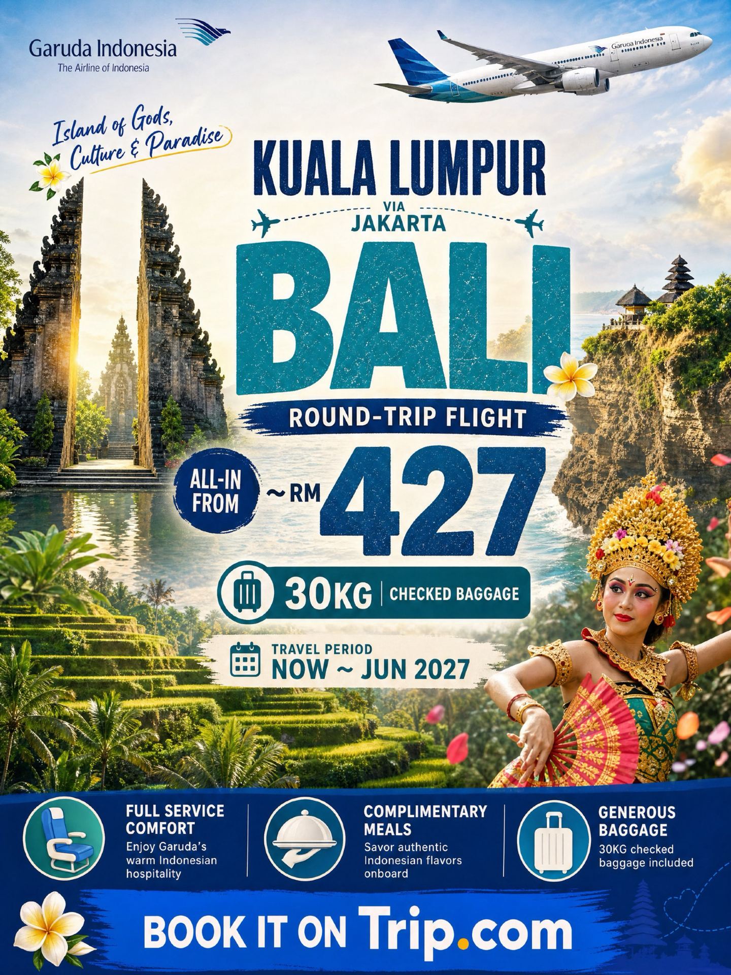 🇮🇩 Barusan nemu harga tiket ke Bali yang oke banget nih, kayaknya sayang kalau tidak dibagikan.

Garuda Indonesia lagi ada promo tiket pulang-pergi dari Kuala Lumpur ke Bali mulai dari sekitar RM427, dengan transit sebentar di Jakarta.
Yang bikin harga ini spesial adalah ini menggunakan maskapai full-service, dan sudah termasuk:

✈️ Bagasi check-in 30kg
🎒 Bagasi kabin
🍽️ Makanan gratis di pesawat

Periode terbang tersedia dari sekarang sampai Juni 2027, jadi fleksibel banget buat kamu yang mau merencanakan liburan dari jauh-jauh hari.

Bali itu tipe destinasi yang tidak membosankan buat dikunjungi berkali-kali. Mau cari pantai, air terjun, sawah terasering, kafe, atau cuma mau santai sejenak, selalu ada yang baru buat dijelajahi.

Jarang-jarang ada tiket maskapai full-service dengan bagasi 30kg di harga segini, makanya menurut saya ini info yang sangat berharga buat siapa pun yang lagi rencana ke Bali. Seperti biasa, harga tergantung ketersediaan ya, jadi langsung saja cek tanggal perjalanan pilihanmu. 🌴✈️
